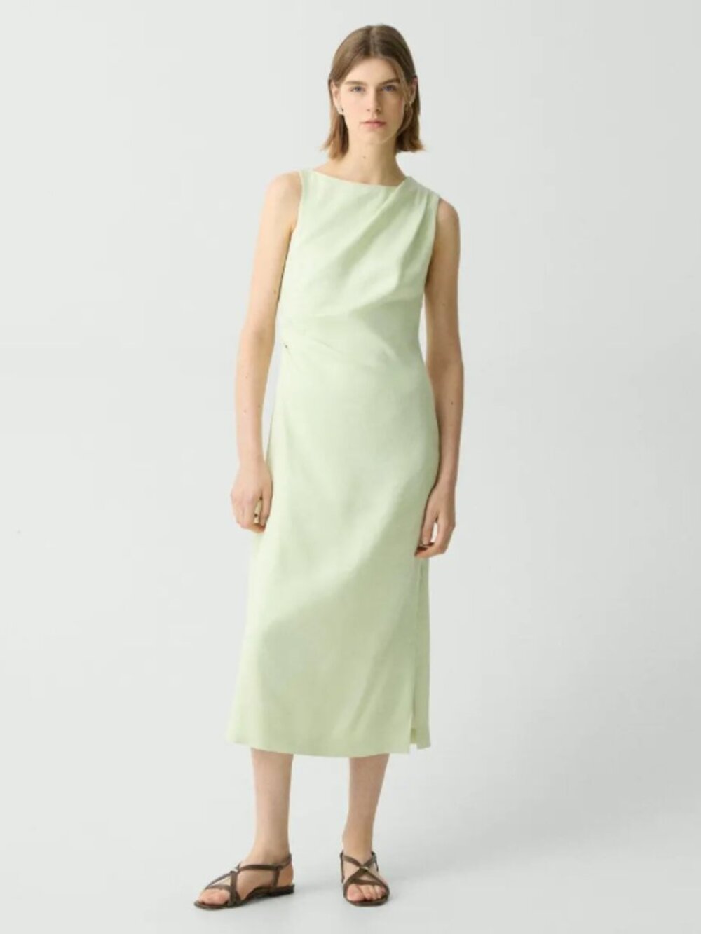 New Theory Linen Blend Draped Midi Dress Aloe